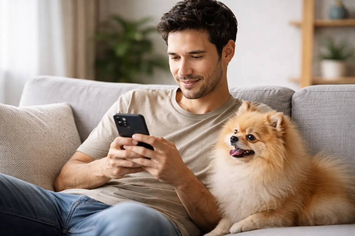 Mag zit samen met een hondje in zetel en kijkt naar zijn smartphone.
