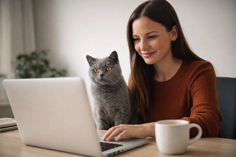 Vrouw zit samen met een Britse korthaar achter de laptop.