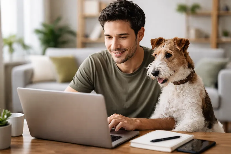 Man zit samen met een fox terriër achter de laptop.